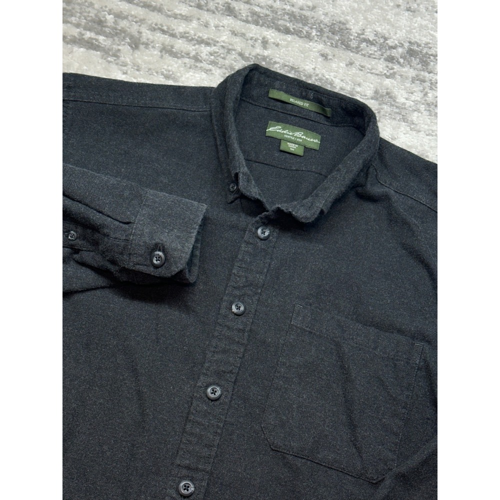 Eddie Bauer Flannel Shirt Mens Tall Medium Charcoal Gray Relaxed Fit Button Down